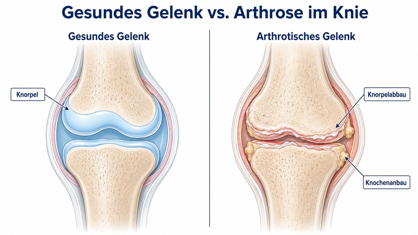 Querschnitt-Vergleich: gesundes Kniegelenk mit intaktem Knorpel versus arthrotisches Knie mit Knorpelabbau und Knochenanbau.