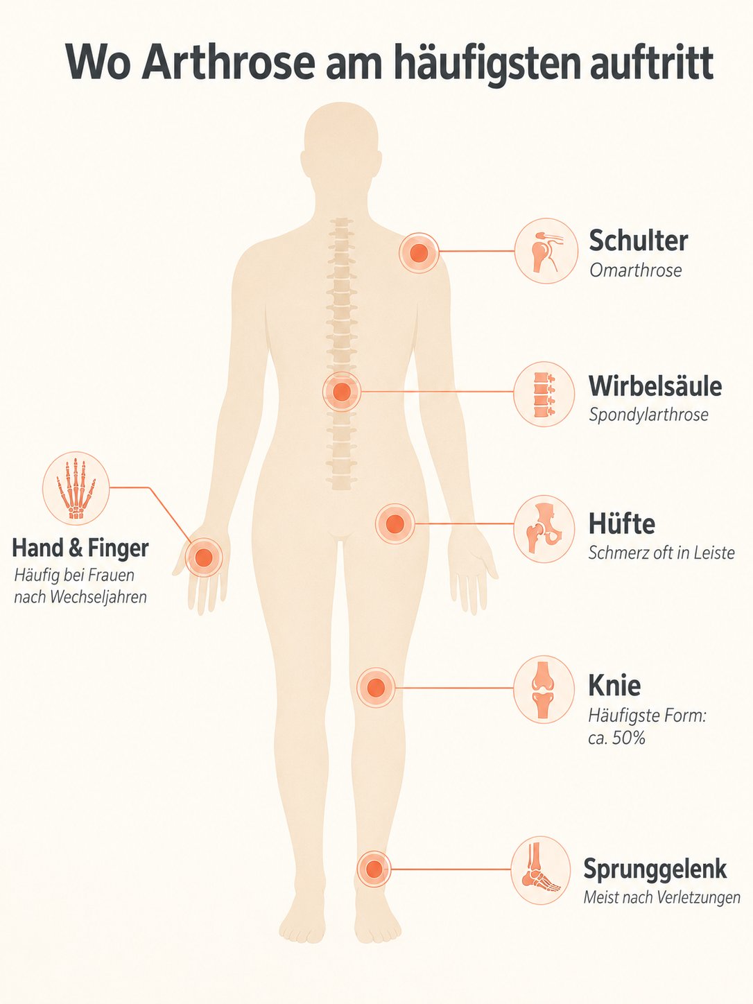 Übersicht der häufigsten Lokalisationen von Arthrose im Körper – von Knie und Hüfte bis Finger und Wirbelsäule.