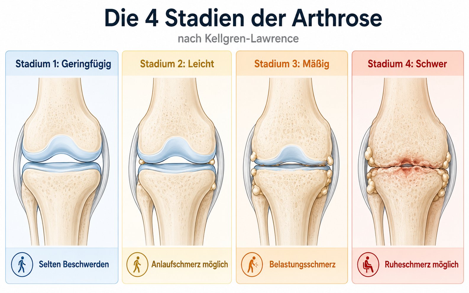 Übersicht der vier Arthrose-Stadien nach Kellgren und Lawrence – von geringfügigen Veränderungen bis zum fortgeschrittenen Knorpelabbau.